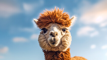 A cute, fluffy llama with a big, wide smile on its face. The llama is looking directly at the camera, making it seem like it's inviting the viewer to come closer. The scene is bright and cheerful