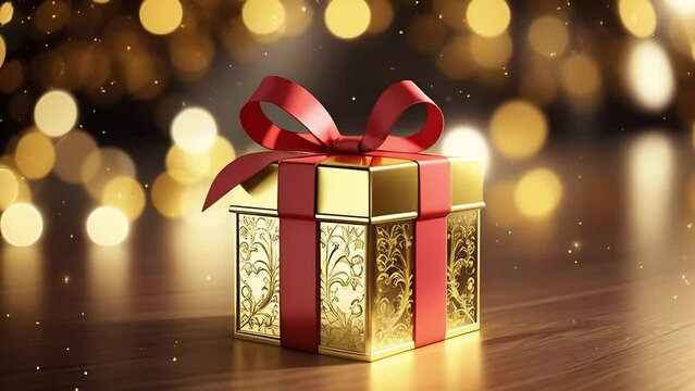  A golden gift box tied with a red ribbon on an abstract background
