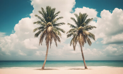 Two tall palm trees stand on a sandy beach, their green branches swaying in the breeze. The sky overhead is covered in thick clouds, casting shadows on the ground below.
