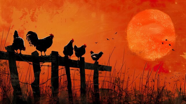 Group of chickens on a wooden fence at sunset