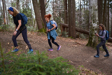 Fototapeta premium Women hikers with backpacks in the mountains