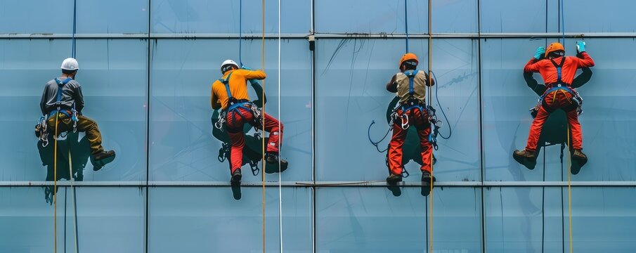 A view of the worker cleanig window on the large building using rope system.