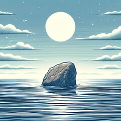 a single rock in an empty ocean illustration