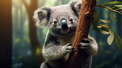 Obraz premium A koala is sitting on a tree branch. The koala is looking at the camera and he is smiling