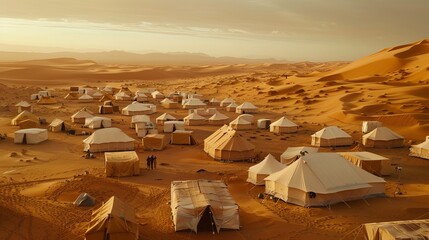Encampment of tents in the vast, sandy realm of the Moroccan Sahara. - obrazy, fototapety, plakaty