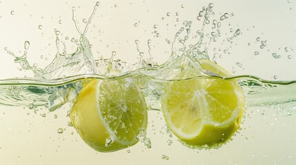 Green lemons halves colliding on the water. Water splash, white background, food photography. Generated by artificial intelligence.
