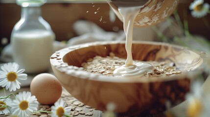 Oats being poured into a wooden bowl with milk pouring from the top, in a kitchen setting with a fresh eggs on the table. Generated by artificial intelligence.