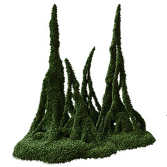 3D rendered fantasy wooden forest formation filled with green grass isolated on transparent...