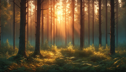A forest with sunlight streaming through the trees, creating a beautiful and serene atmosphere.
