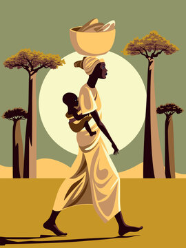 African woman in traditional dress with a baby on her back and a vessel on her head.	Handmade drawing vector illustration. Retro style poster.