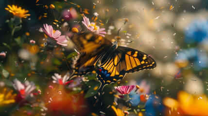 High-speed capture of a butterfly in mid-flight, surrounded by a profusion of colorful flowers,...