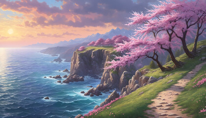 A beautiful coastal scene with a path leading to the ocean, a cliff overlooking the water, and pink...