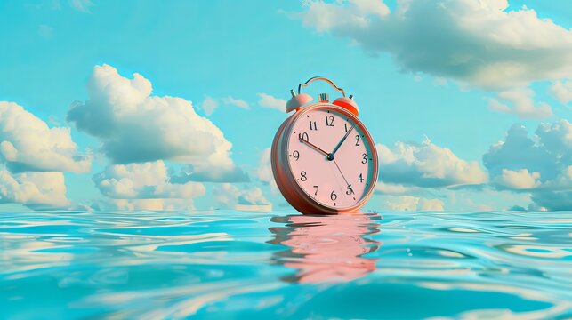 Floating clock on blue background, signaling the start of summer.