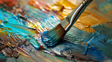 A paintbrush layering thick, buttery strokes of oil paint onto a canvas, blending colors together...