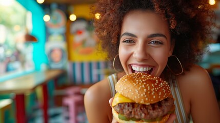 Commercial burger bliss captured with a gleeful woman, fresh cheeseburger, and dynamic flying veggies on a warm background