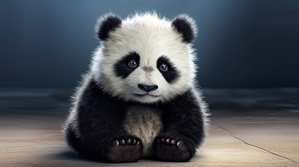 A cute baby panda bear is sitting on the floor. The bear has a black and white fur and is looking...