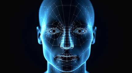 Computer 3d neon portrait of a man in front with a scanning grid on his face on a dark background 