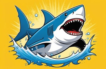 A cartoon shark emerging with energy, set against a vibrant yellow backdrop with splashing waves