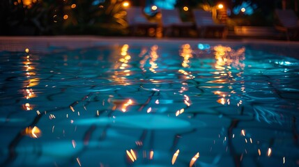 Luminous lights cast a shimmering glow on the water's surface as night falls, creating a mesmerizing scene in the depths of the swimming pool.