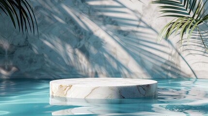 Fototapeta na wymiar Marble podium stand in the pool with palm shadows. Perfect summer background for showcasing luxury products.