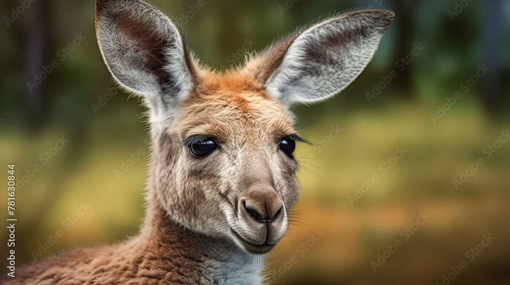 Poster a close up of a kangaroo's face with a cloudy sky in the background. scene is somewhat somber and co