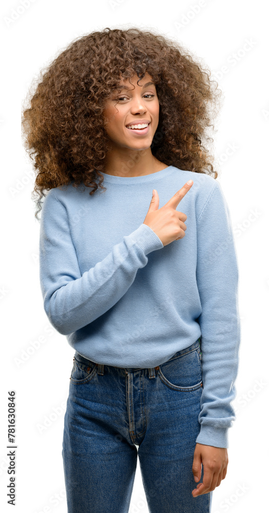 Poster african american woman wearing a sweater cheerful with a smile of face pointing with hand and finger