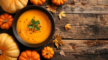 Bowl of soup with pumpkin and leaves
