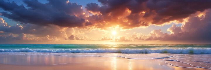 Naklejka na ściany i meble A beautiful beach scene with a sunset over the ocean.