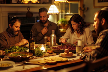Passover,Passover holiday easter,family enjoying Passover,gathered around table at dinner  celebrating Pesah There is food spread table silver kiras bottle of wine,matzah,egg,herbs,candles