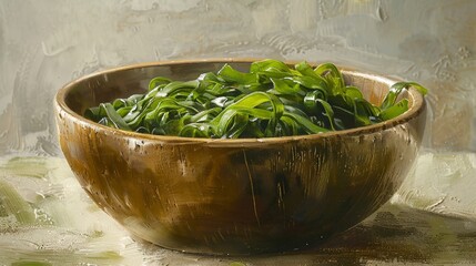 A painting of green beans on a table