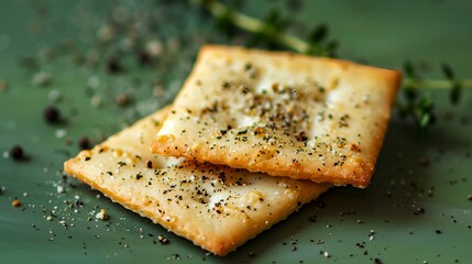 Fototapeta premium A closeup of square crackers, arranged on top of each other against a light green background. Rosemary, thyme, salt crystals. Generated by artificial intelligence.