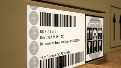 Tags on packages in warehouse center with express delivery identification labels and shipment...