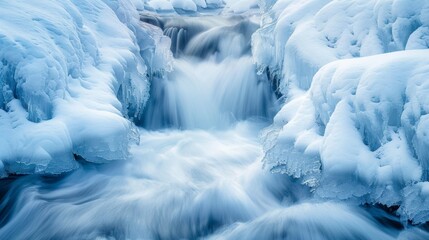 Frozen waterfall amidst icy river rocks - Powered by Adobe