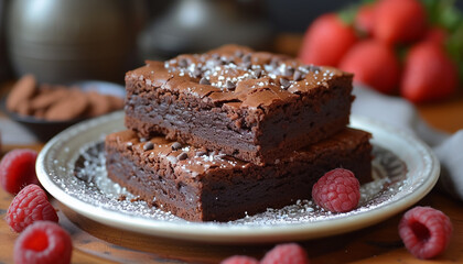 Fototapeta na wymiar Close-up of brownie dessert on plate.