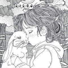Cute cartoon little girl with bunny. Coloring book page for adult and children. Black and white vector.	
