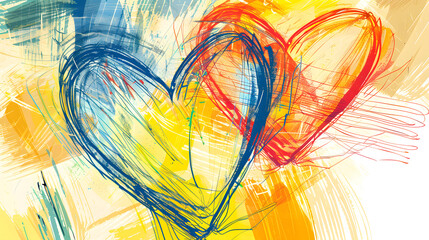 A colorful illustratitive sketch of hearts with blue and red outlines