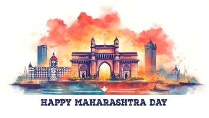 Happy maharashtra day card watercolor illustration. - obrazy, fototapety, plakaty