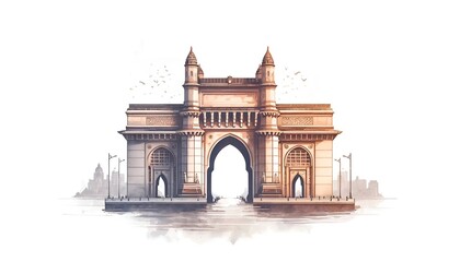 Fototapeta na wymiar Watercolor illustration of the gateway of india in mumbai.
