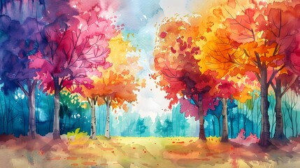 Colorful illustration of trees. Watercolor art. Horizontal panorama