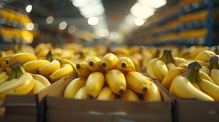The field is full of yellow bananas in open boxes. The bananas are natural with little to no retouching. - obrazy, fototapety, plakaty