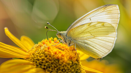 Macro shot of a butterfly exploring the intricate details of a yellow flower, showcasing the delicate balance of nature.