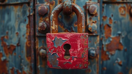An old red padlock hangs on a rusted iron door. An old red padlock close up.