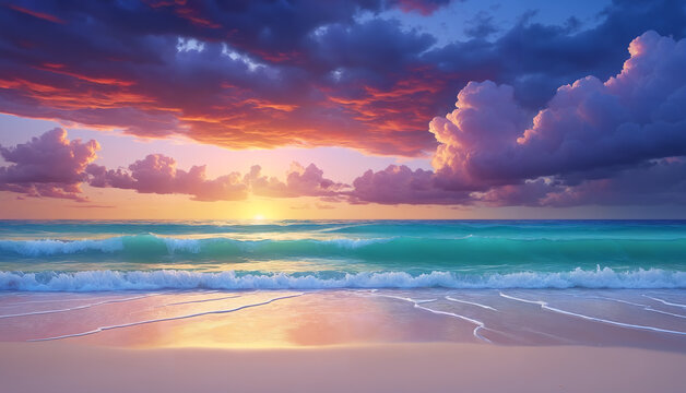 A beautiful beach scene with a sunset over the ocean.