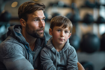 Obraz premium Man and Boy Sitting Together in Gym