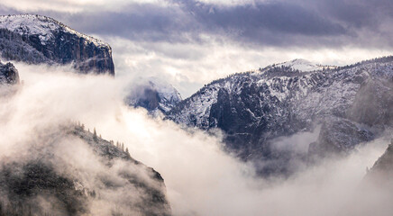 Tunnel View On Winter Cloudy Day, Yosemite National Park, California USA