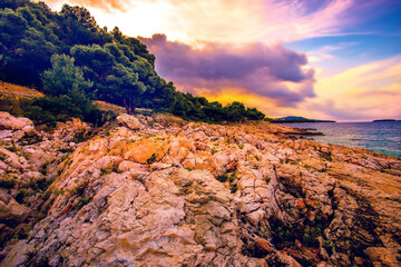 scenic morning view, amazing croatian coast, Croatia, Europe, Adriatic sea, coast near Bilo.....exclusive - this image is sold only on Adobe stock - obrazy, fototapety, plakaty