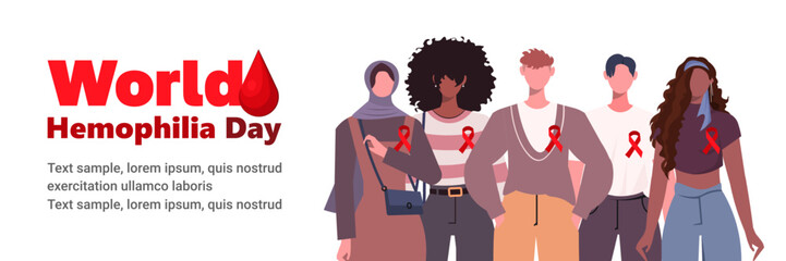 World Hemophilia Day is celebrated each year on April 17. Group of young, modern people dressed in casual clothes with red ribbons. Health awareness vector template for banner, card, poster.