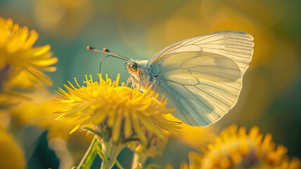 Macro shot of a butterfly delicately sipping nectar from a yellow flower, showcasing the intricate...