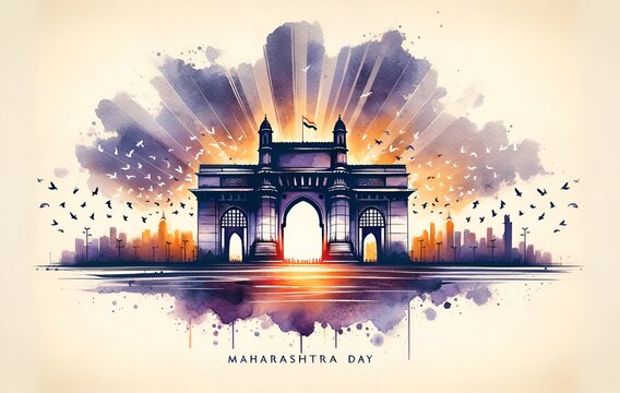 Watercolor illustration of a silhouette of the gateway of india at sunset for maharashtra day.