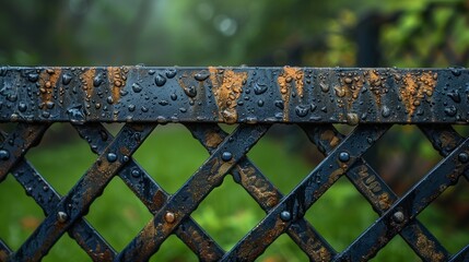 Background with small dew drops embossed on fence metal profile - obrazy, fototapety, plakaty